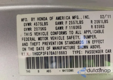 2011 Honda Accord 3.5 Ex-L из США, поврежденный, VIN 1HGCP3F87BA019683